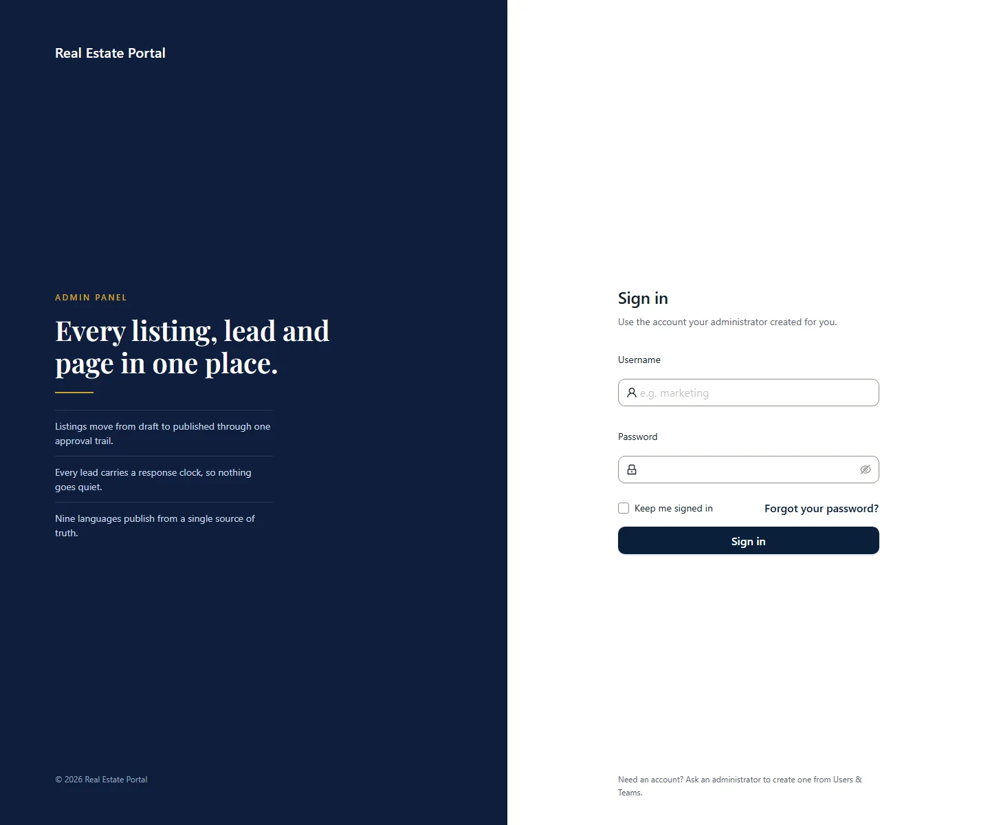 Admin panel sign-in screen on a navy background.